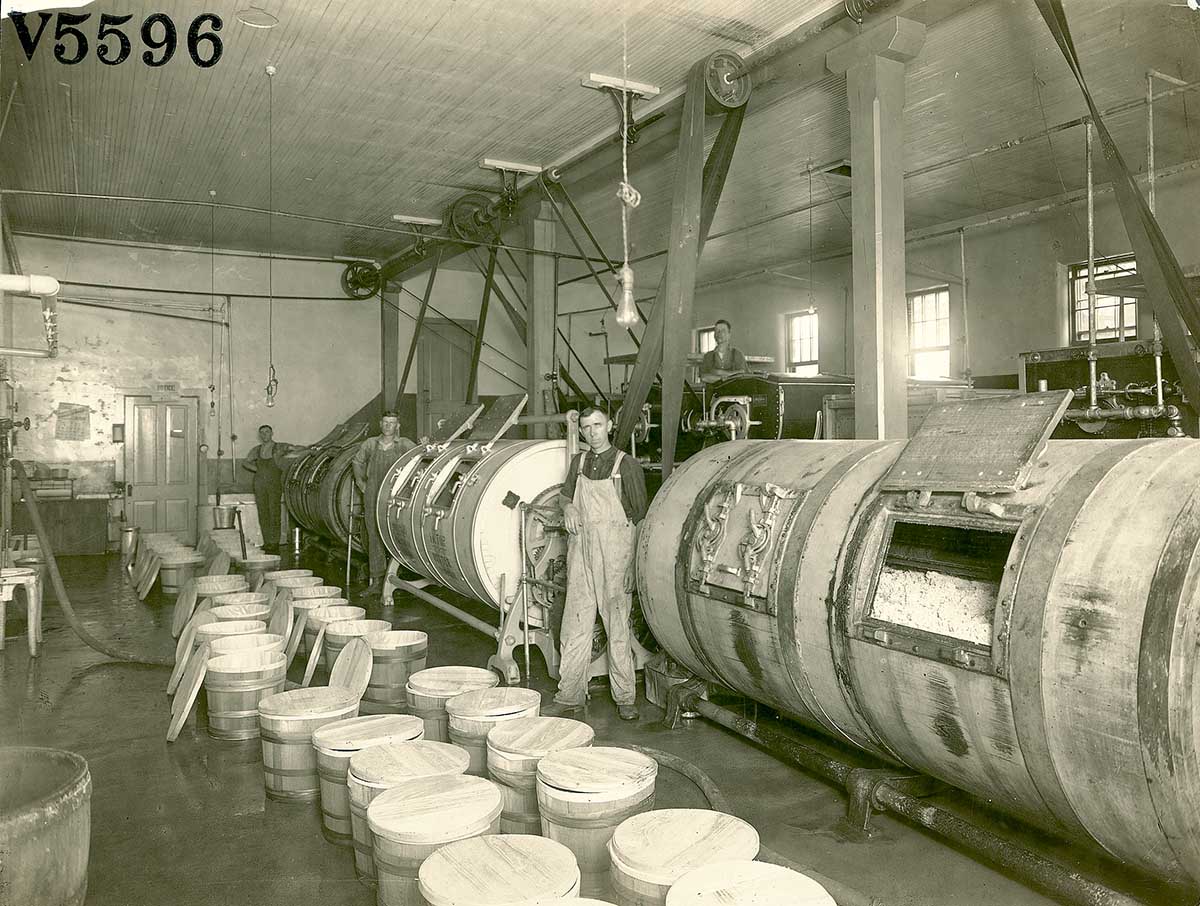 Workers pose next to churns full of butter at the Barron Coop Creamery, Barron, Wisconsin, c. 1900. Image courtesy of Wisconsin Historical Society. (Image ID 3238)