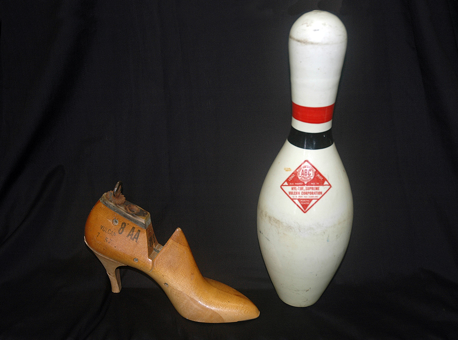 Wooden shoe last (unknown date) and bowling pin (late 1950s) manufactured by Vulcan. Photograph by Joe Hermolin.