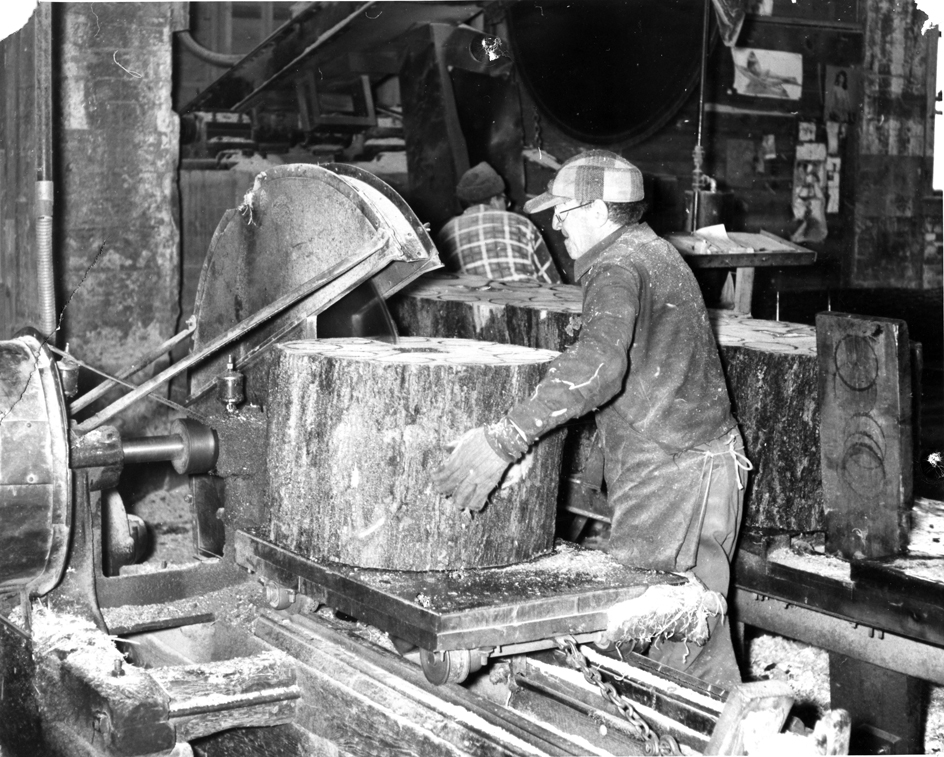 Maple trees from within a 60-mile radius of Antigo provided Vulcan with the hardwood needed for shoe lasts and bowling pins, 1954. Photograph courtesy of the Langlade County Historical Society.