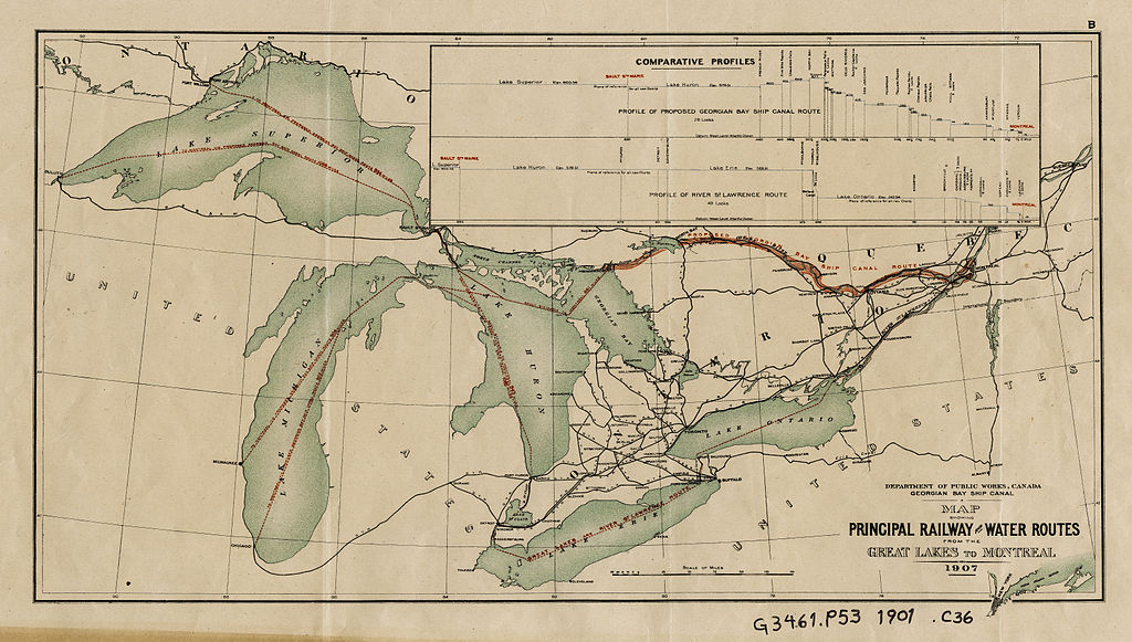 Map showing principle shipping routes through the Great Lakes