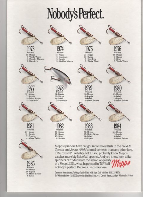 An advertisement from a magazine for Mepps lures showing how they had changed over the decades