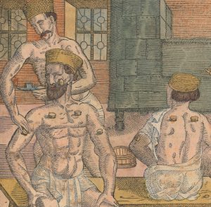 image showing three men in a bathhouse with one administering humoral medicine through cupping to another man.