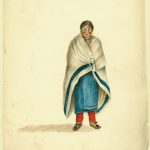 A Native American woman wearing a white trade blanket with a wide blue stripe along its edge.