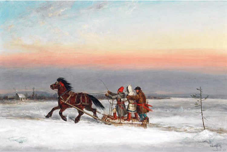 Three men rise a horse-drawn sleigh through the snow while wearing long point blanket coats