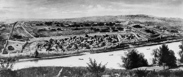 An artist's black and white rendering of Aztalan showing houses and the pyramid-shaped mound