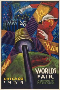 Poster for the 1934 Worlds Fair in Chicago showing a woman surrounded by abstract representations of the sights and sounds of the fair