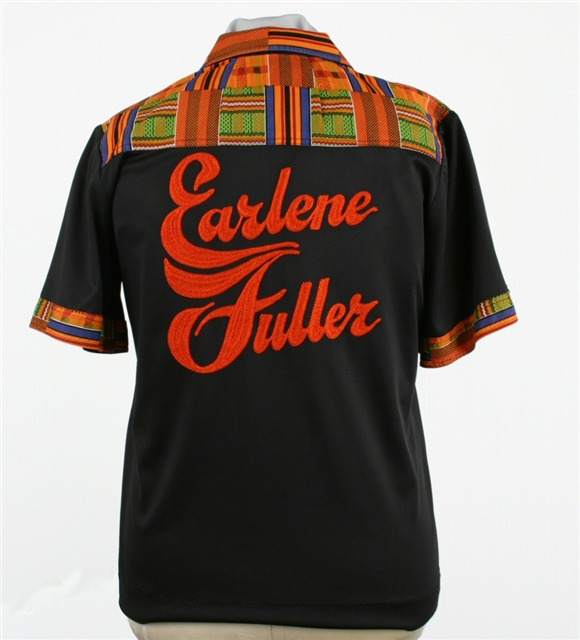 Earlene Fuller's bowling shirt - back, c. 1995. It reads