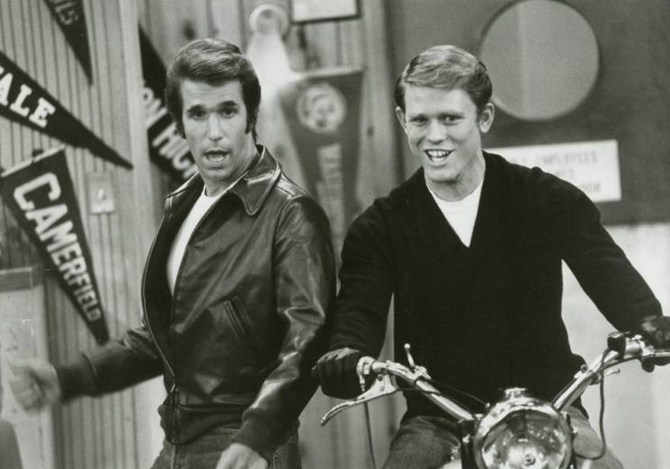 Publicity photo of Fonzie (Henry Winkler) and Richie (Ron Howard) from Happy Days.