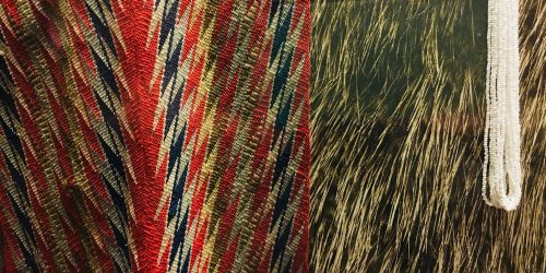 a photograph showing a women cloth against a beaver cloth with beads beside