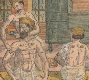 image showing three men in a bathhouse with one administering humoral medicine through cupping to another man.